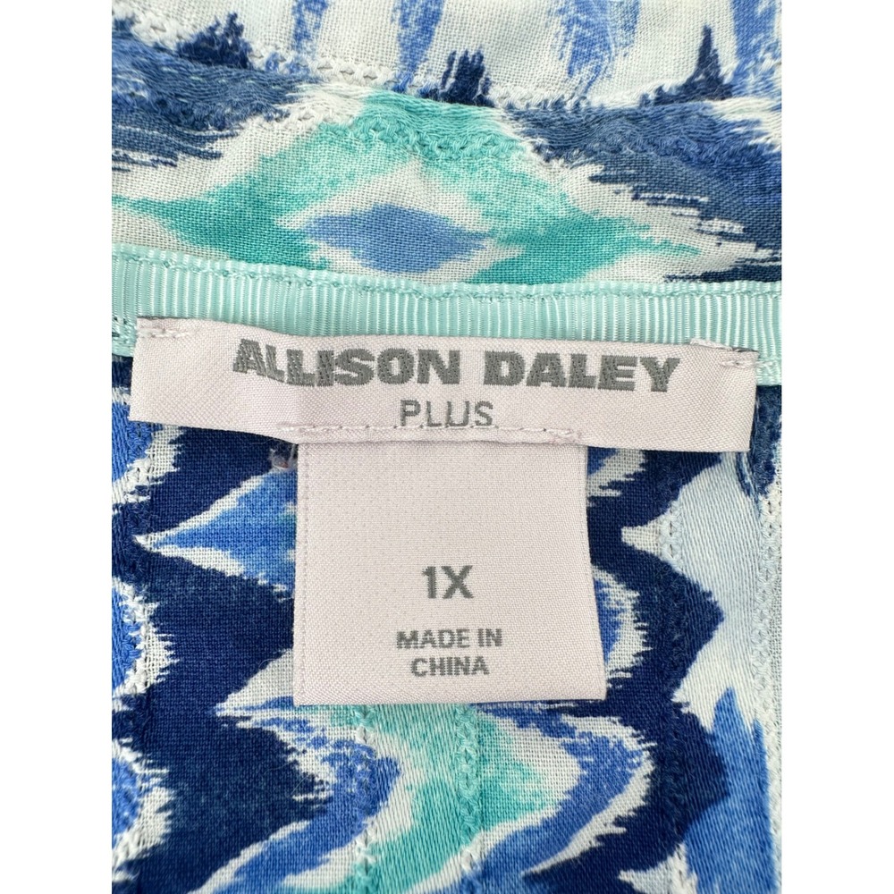 Allison Daley Plus 1X Blue Ikat Patchwork Cotton Button Front 3/4 Sleeve Blouse - Picture 2 of 11
